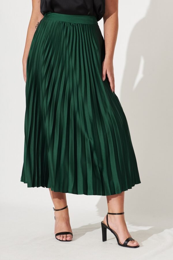 Midi Pleat Skirt In Emerald Satin - Image 10