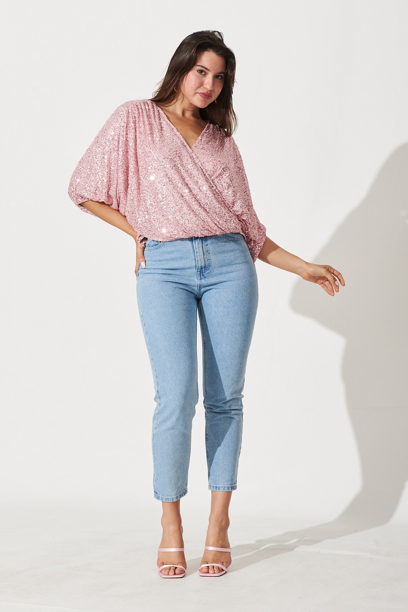 Sequin Mock Wrap Top In Blush - Image 3