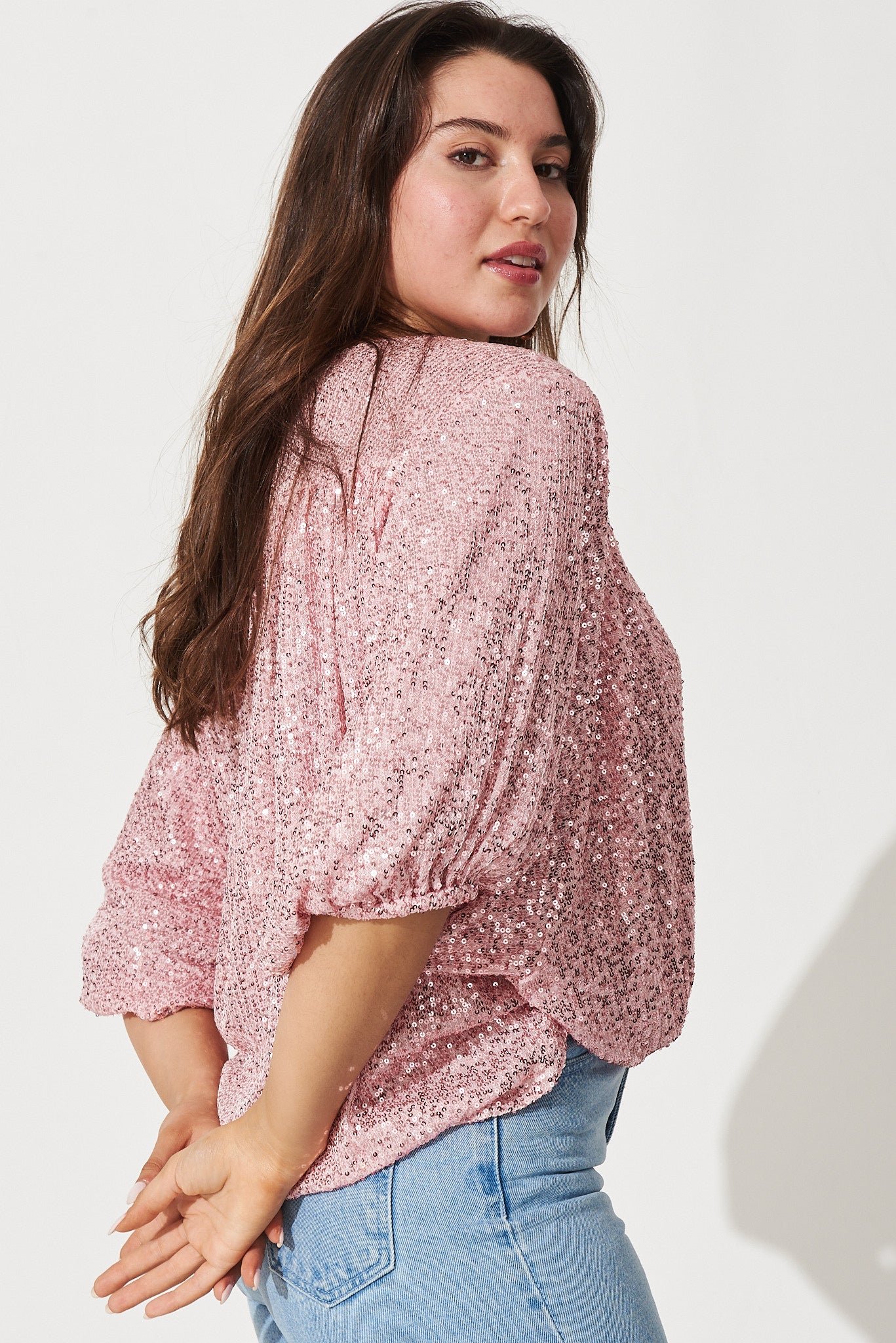 Sequin Mock Wrap Top In Blush - Image 5
