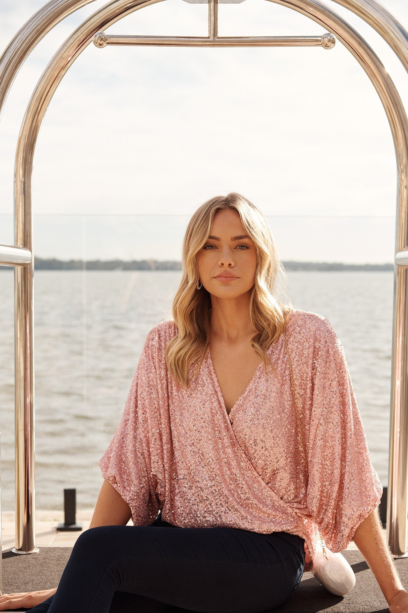 Sequin Mock Wrap Top In Blush - Image 4