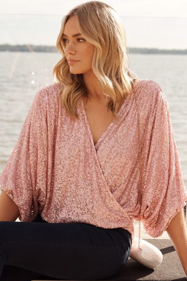 Sequin Mock Wrap Top In Blush - Image 2