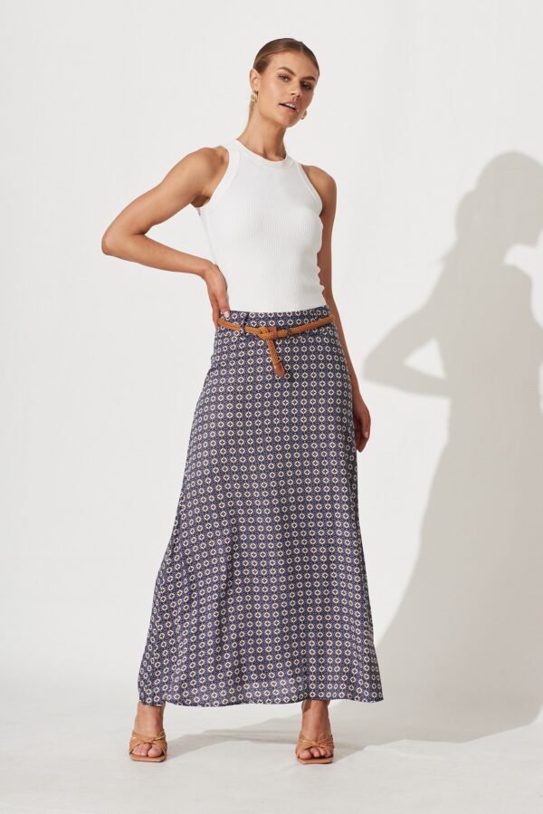 Maxi Skirt With Belt In Blue Tile Print - Image 4