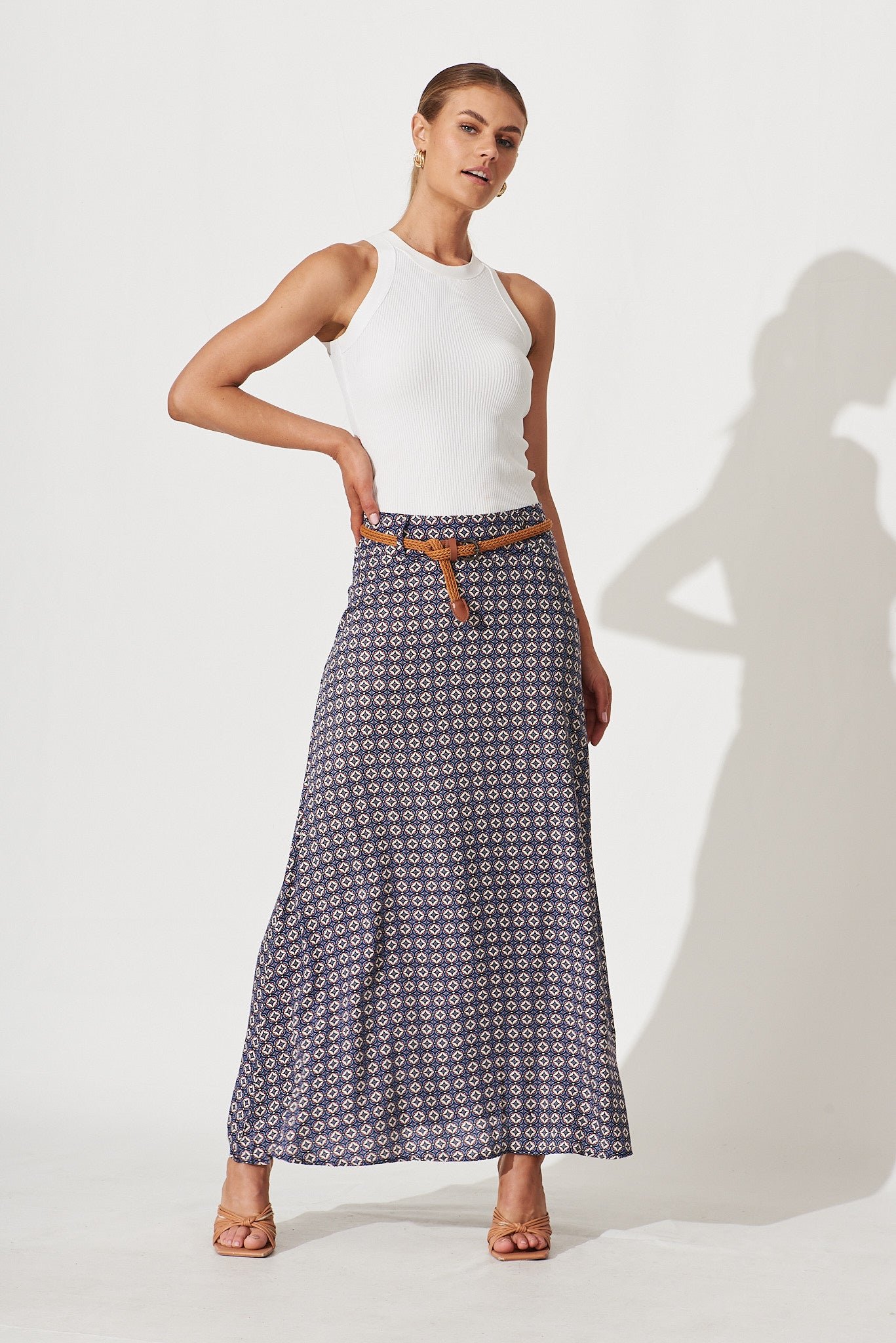 Maxi Skirt With Belt In Blue Tile Print - Image 4