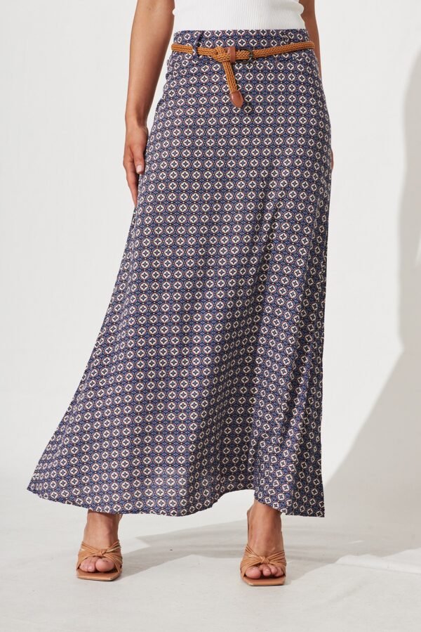 Maxi Skirt With Belt In Blue Tile Print