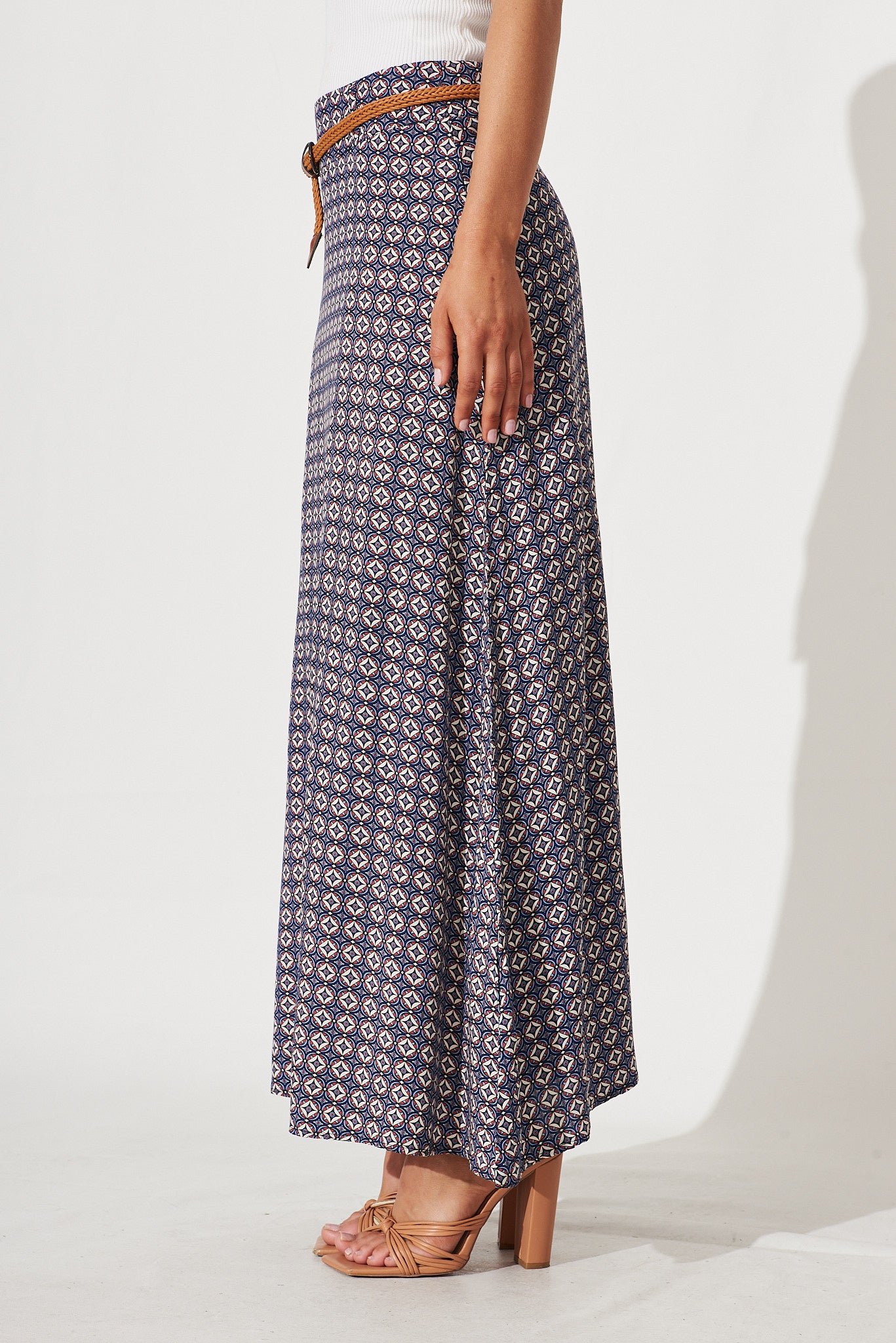 Maxi Skirt With Belt In Blue Tile Print - Image 2