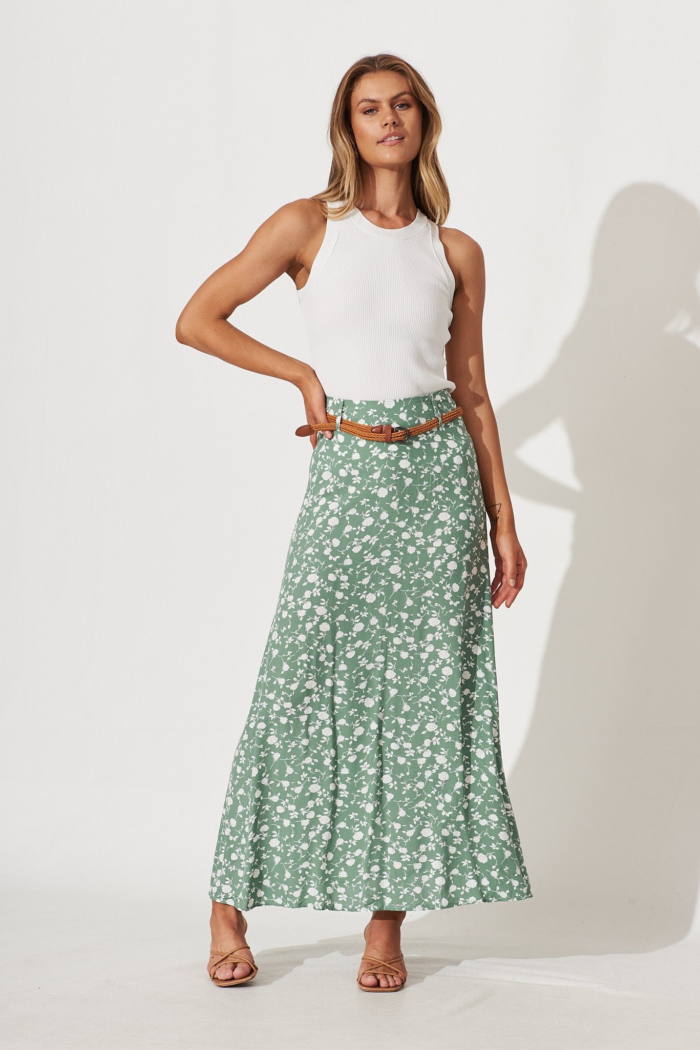 Maxi Skirt With Belt In Sage With White Floral Print
