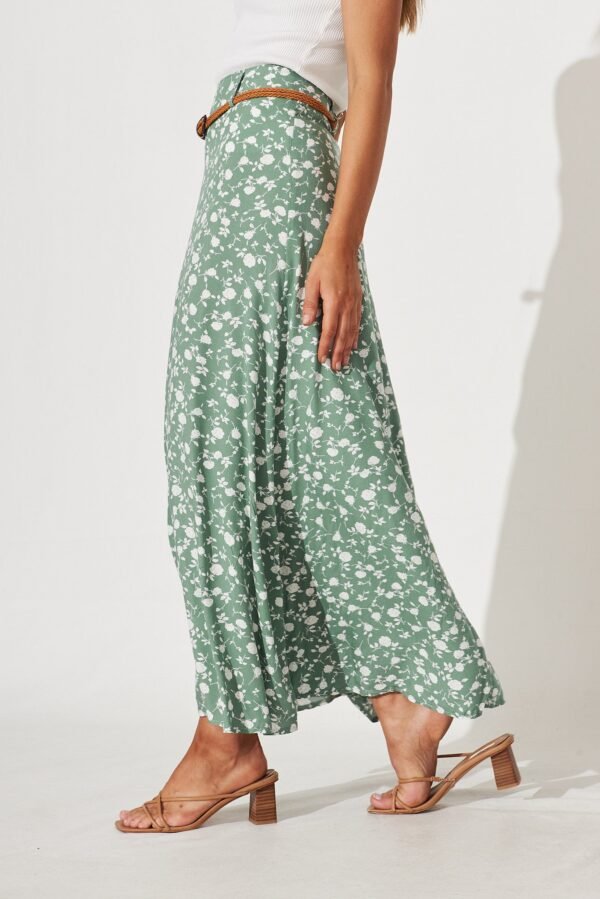 Maxi Skirt With Belt In Sage With White Floral Print - Image 2