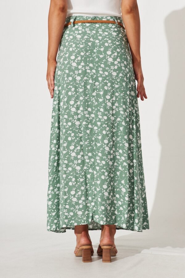 Maxi Skirt With Belt In Sage With White Floral Print - Image 4