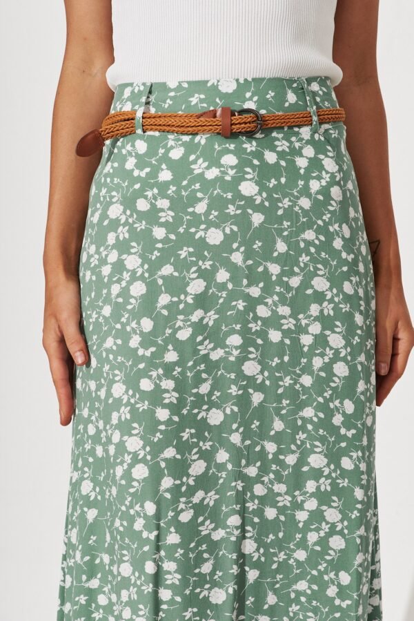 Maxi Skirt With Belt In Sage With White Floral Print - Image 5