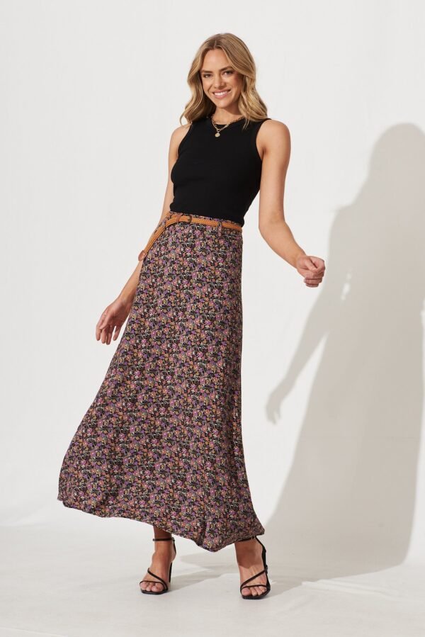 Maxi Skirt With Belt In Black Multi Floral