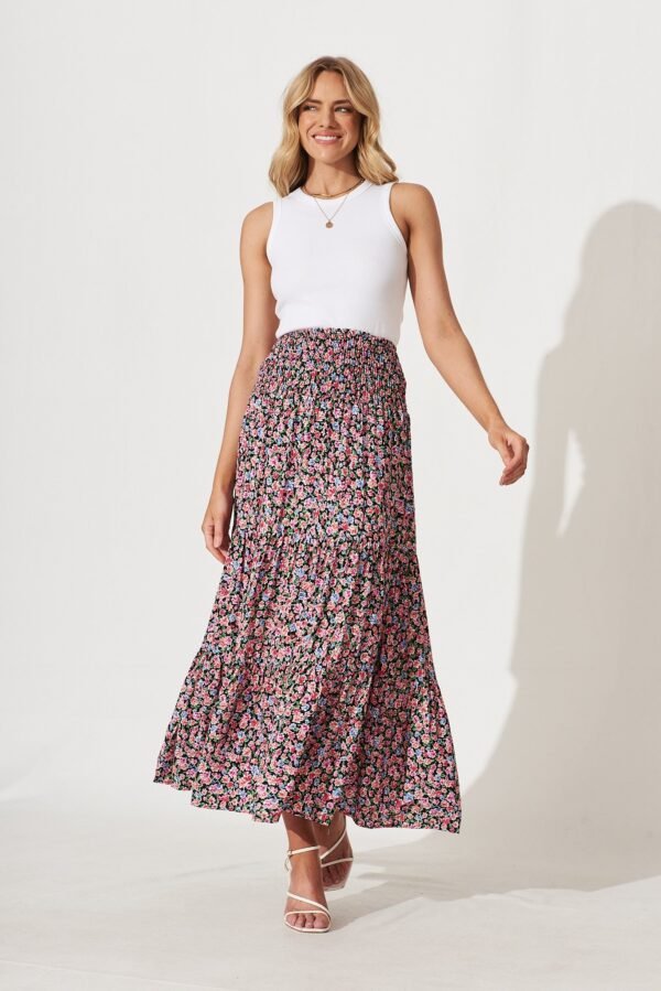 Maxi Skirt In Black With Multi Floral