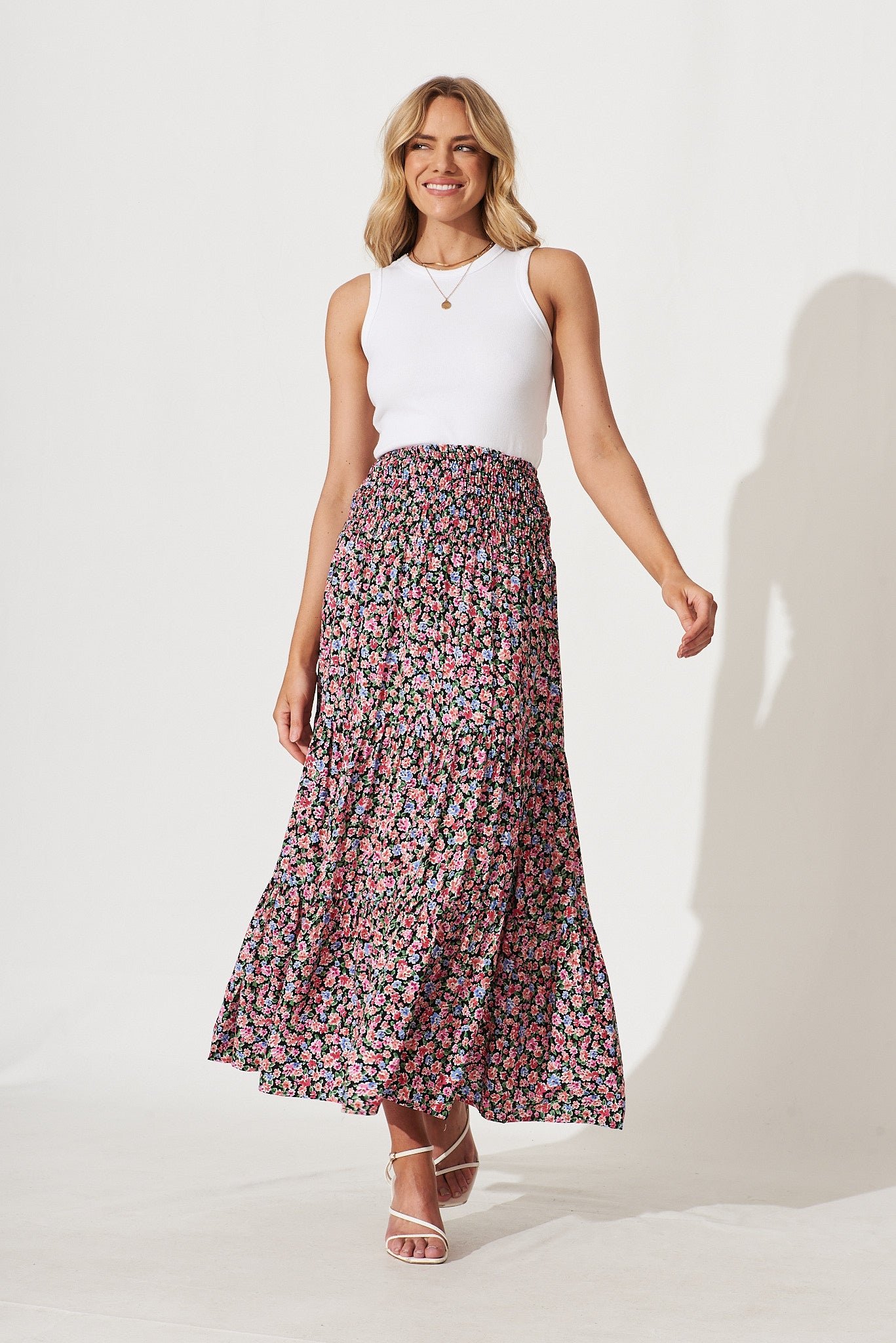 Maxi Skirt In Black With Multi Floral