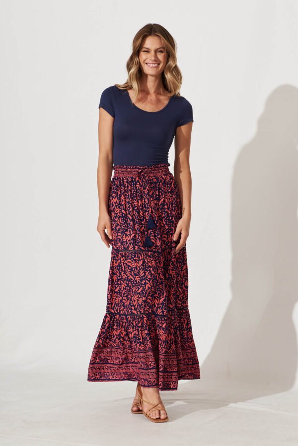 Maxi Skirt In Navy With Coral Border Print - Image 4