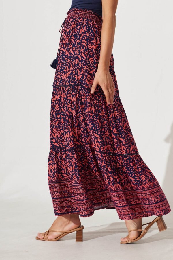 Maxi Skirt In Navy With Coral Border Print - Image 2