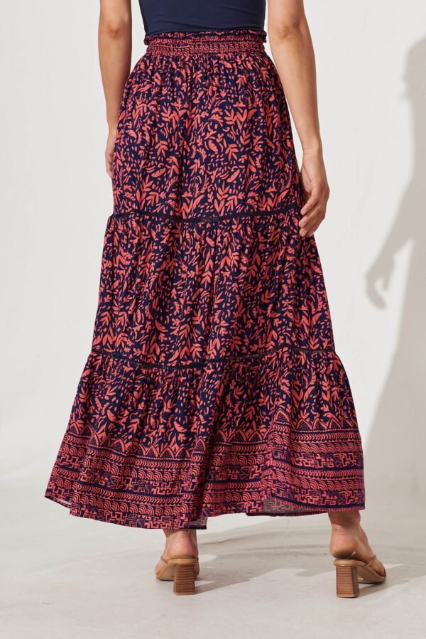 Maxi Skirt In Navy With Coral Border Print - Image 3