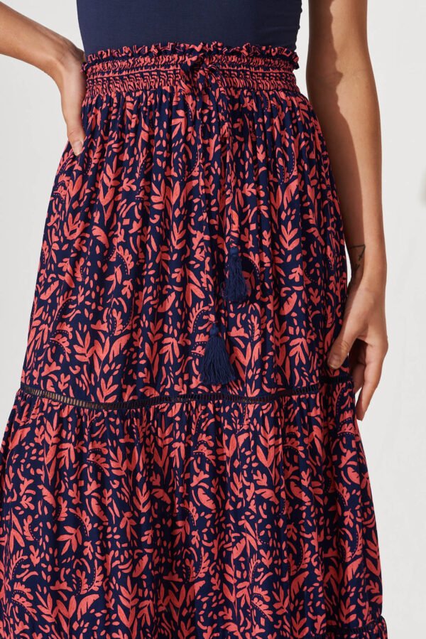 Maxi Skirt In Navy With Coral Border Print - Image 5