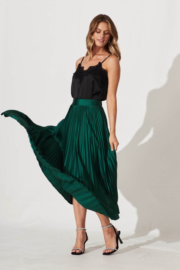 Midi Pleat Skirt In Emerald Satin - Image 6