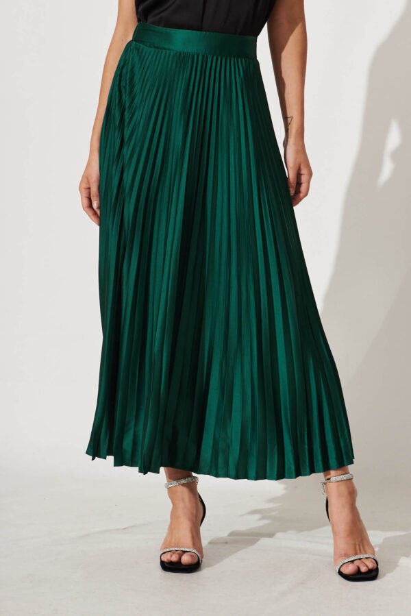 Midi Pleat Skirt In Emerald Satin - Image 2