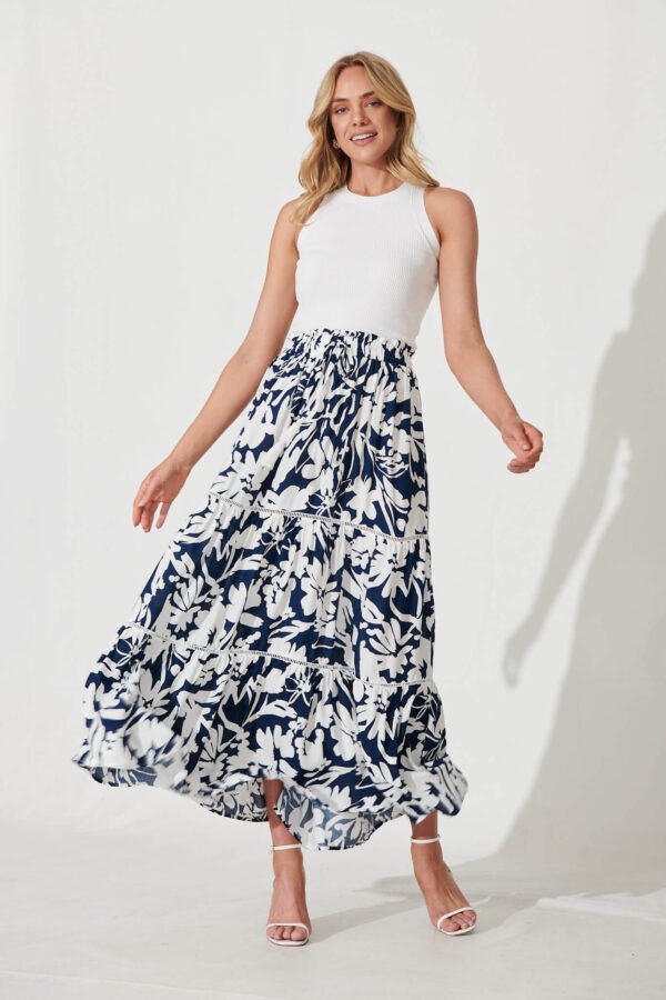 Maxi Skirt In Navy With White Floral Print - Image 4
