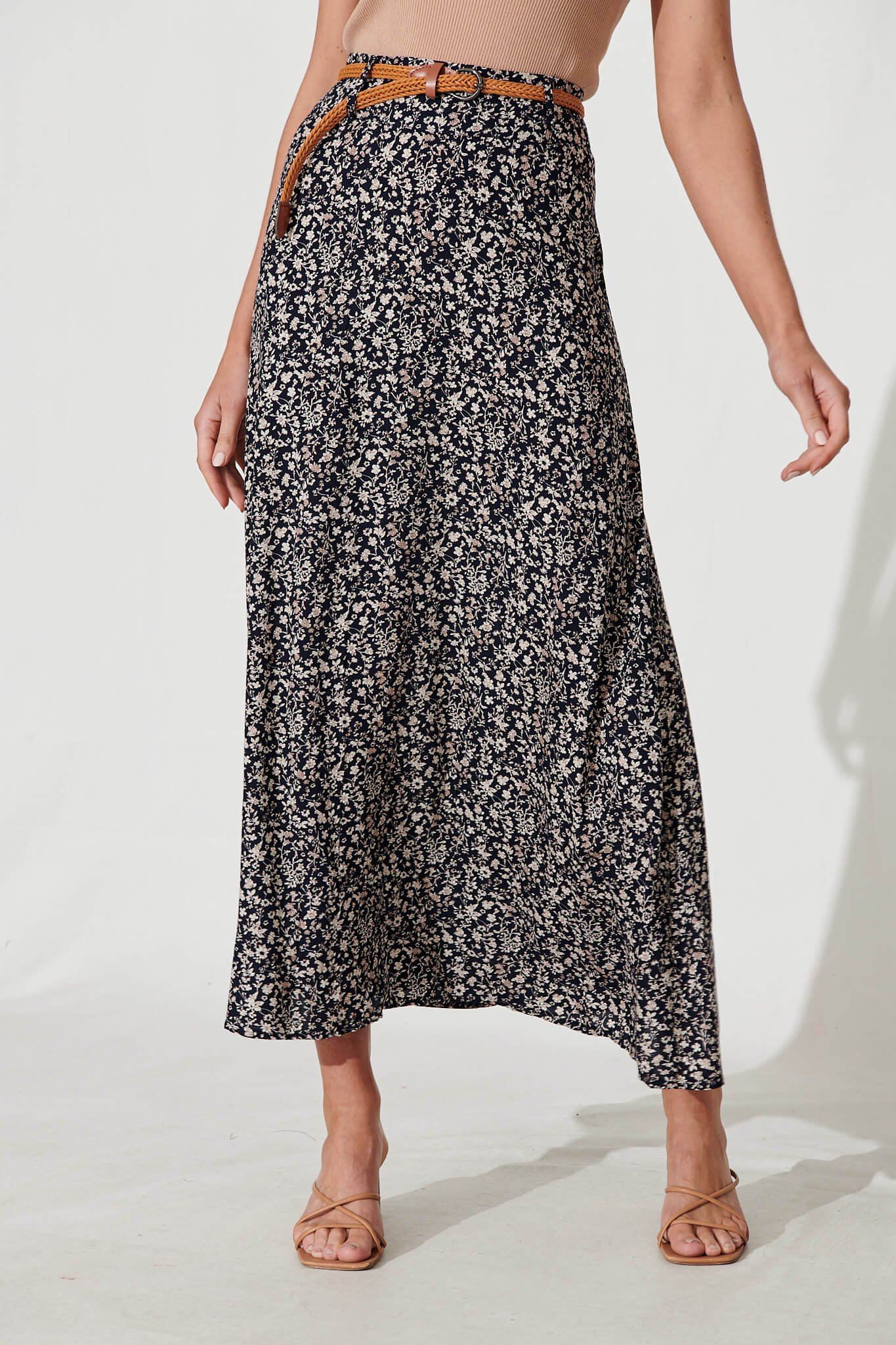 Maxi Skirt With Belt In Navy With Ditsy Floral