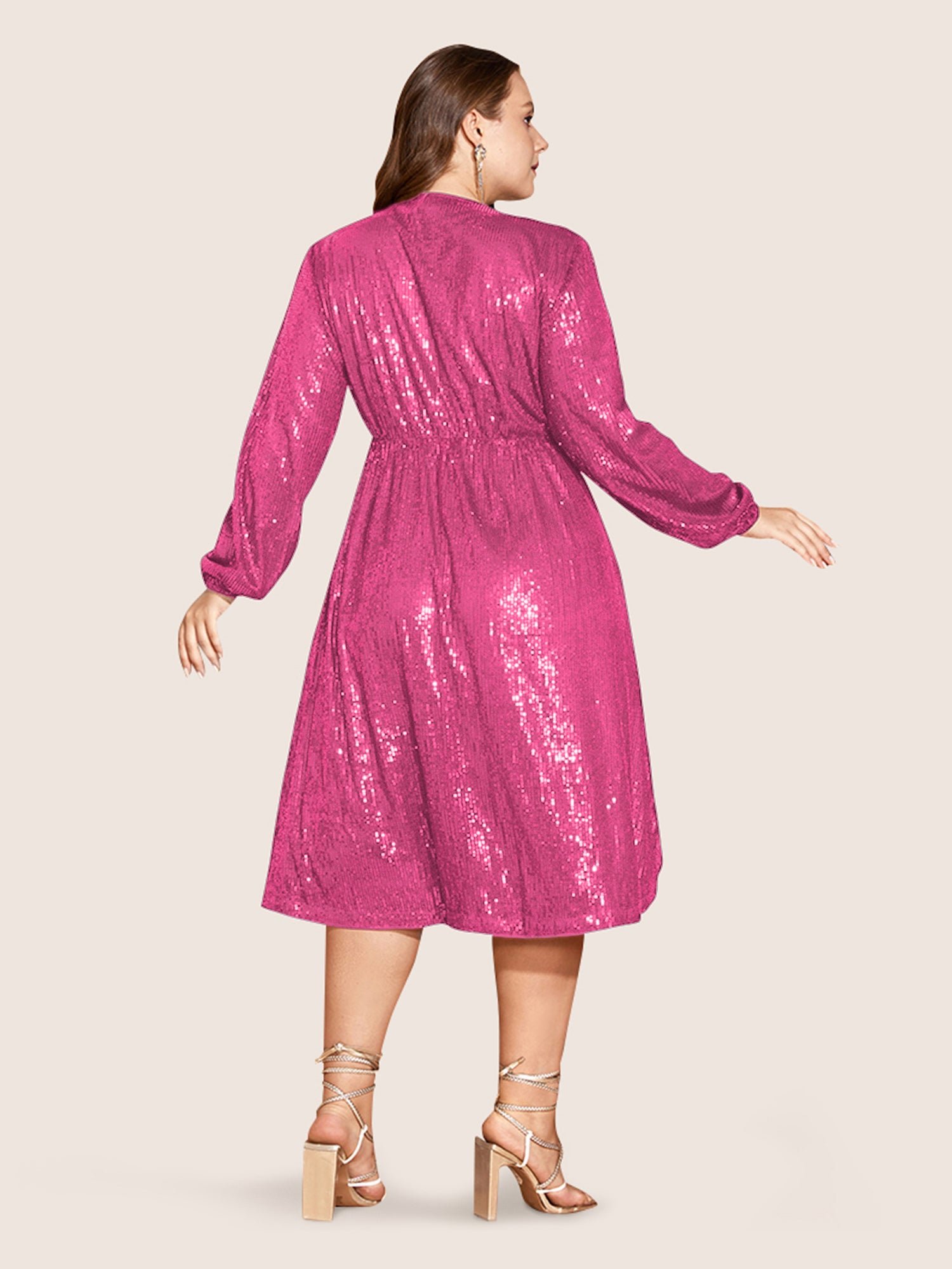 Solid Pocket Lantern Sleeve Wrap Sequin Dress - Image 40
