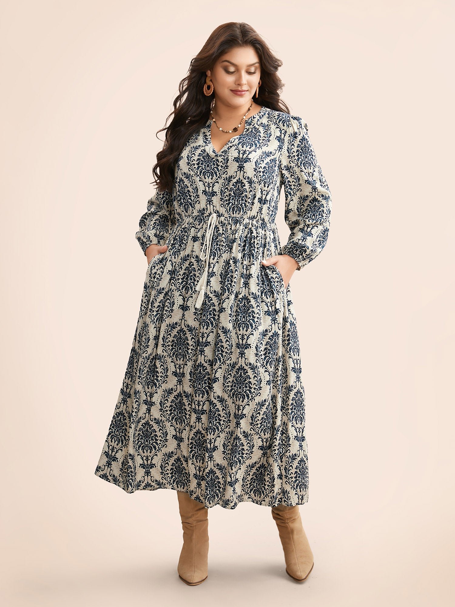 Boho Print Notched Tie Knot Maxi Dress - Image 3
