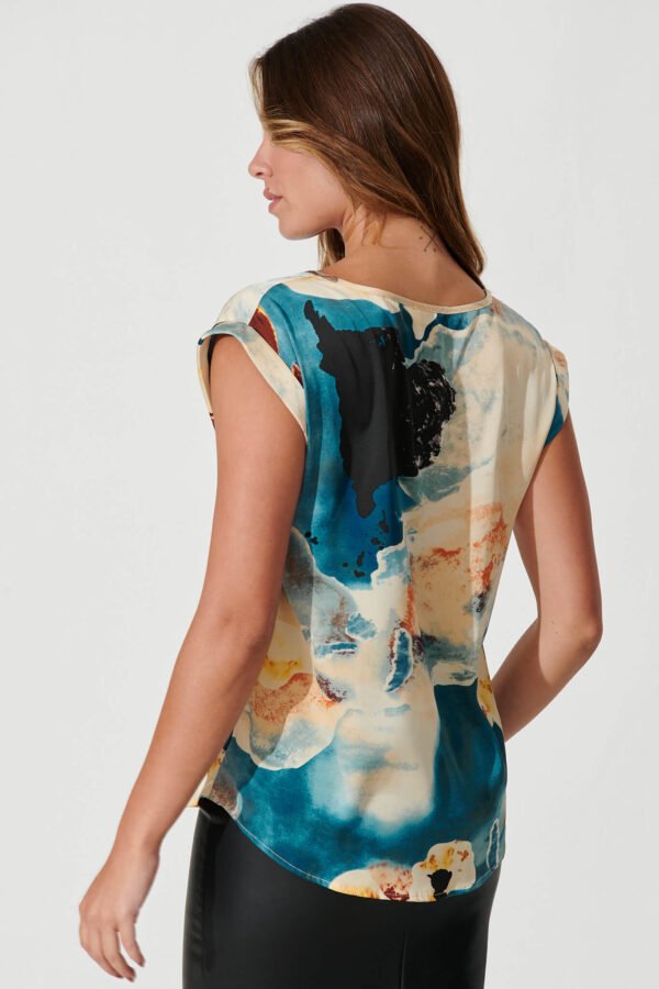 Top In Blue And Cream Watercolour Satin - Image 6