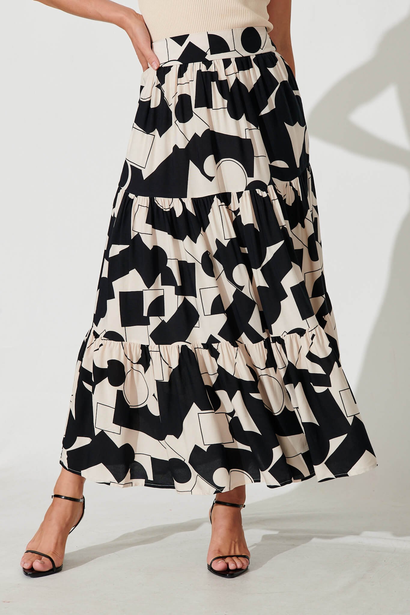 Maxi Skirt In Cream With Black Geometric Print