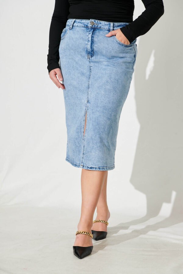 Midi Stretch Denim Skirt In Light Blue Wash - Image 6