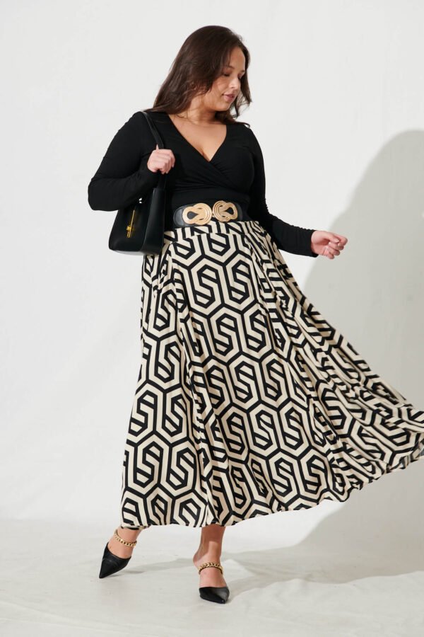 Maxi Skirt In Cream With Black Geometric Print - Image 3