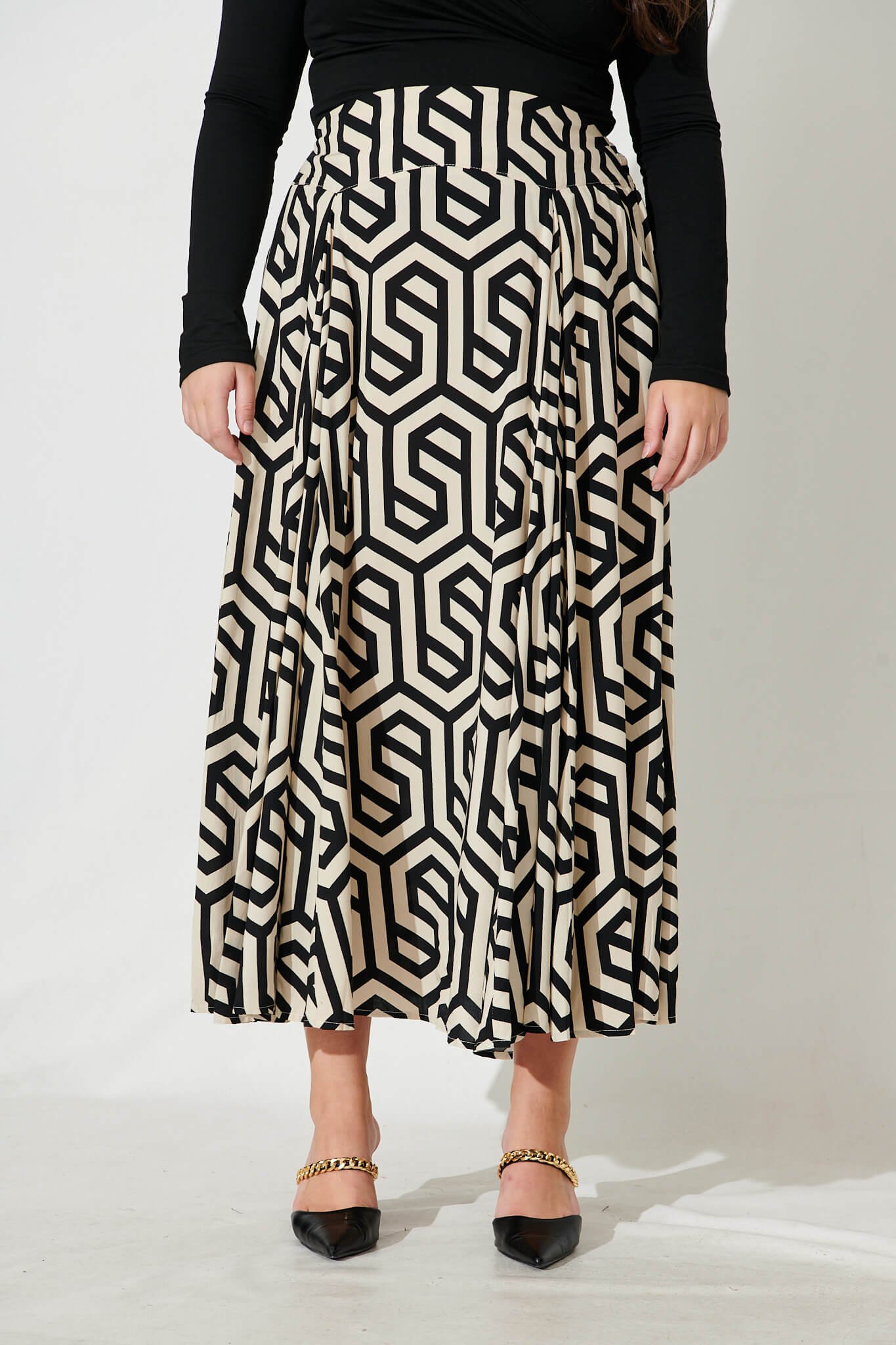 Maxi Skirt In Cream With Black Geometric Print - Image 8
