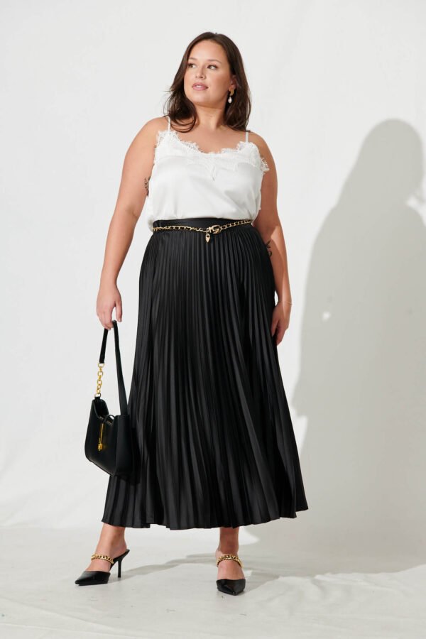 Midi Pleat Skirt In Black Satin - Image 2