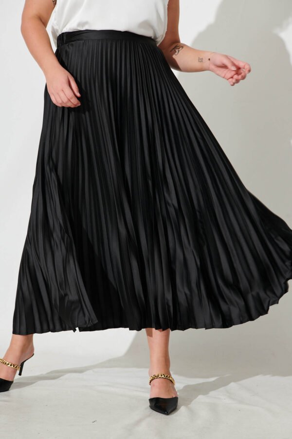 Midi Pleat Skirt In Black Satin - Image 7