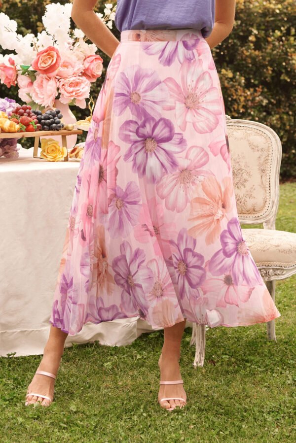 Midi Skirt In Pink With Lilac Flower Chiffon