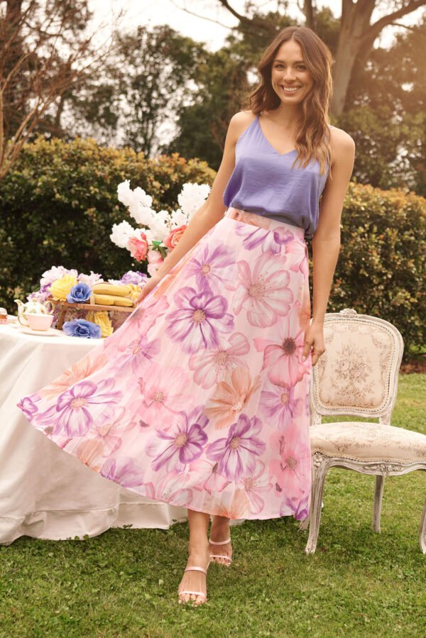 Midi Skirt In Pink With Lilac Flower Chiffon - Image 3