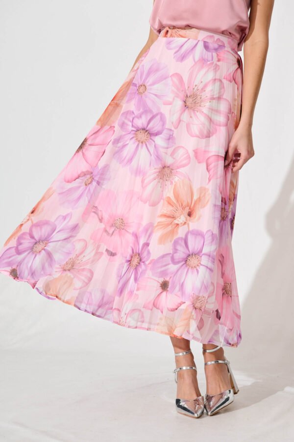 Midi Skirt In Pink With Lilac Flower Chiffon - Image 2