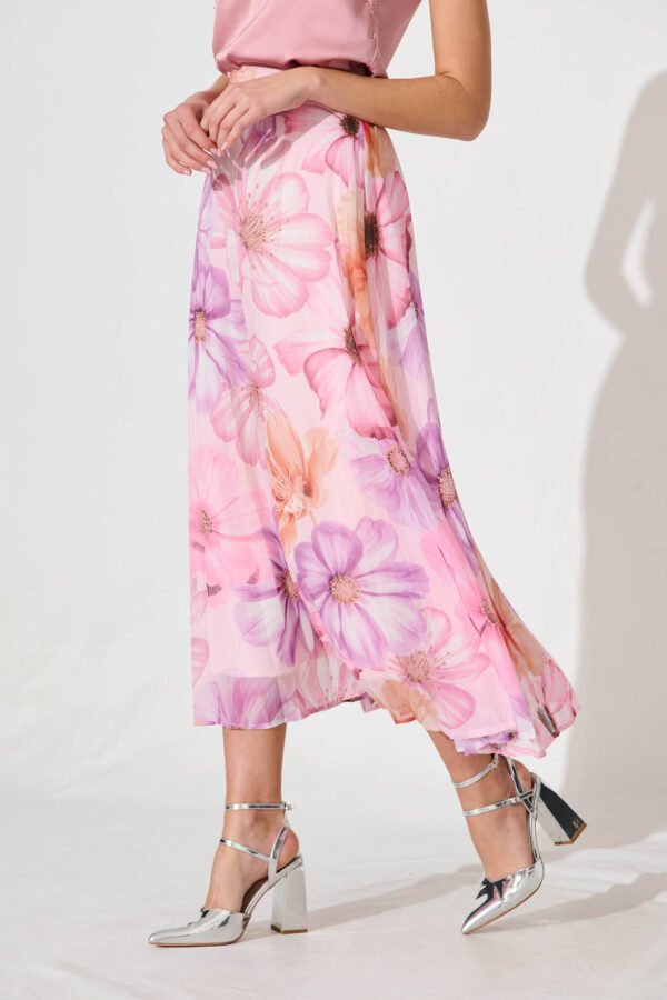 Midi Skirt In Pink With Lilac Flower Chiffon - Image 5