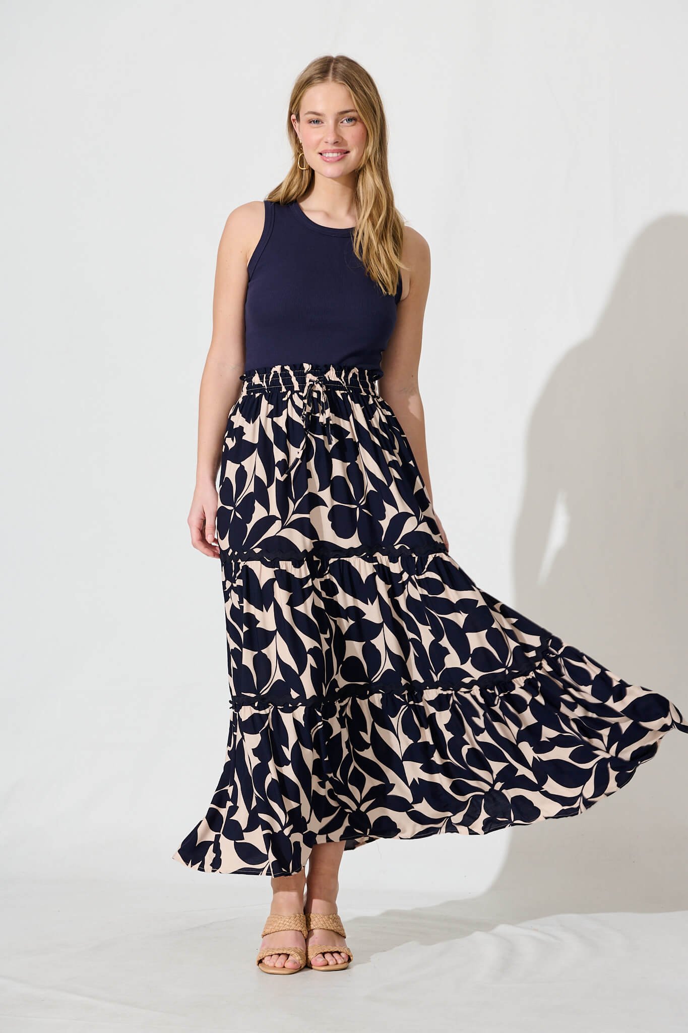 Maxi Skirt In Navy Leaf With Ric Rac Trim - Image 4