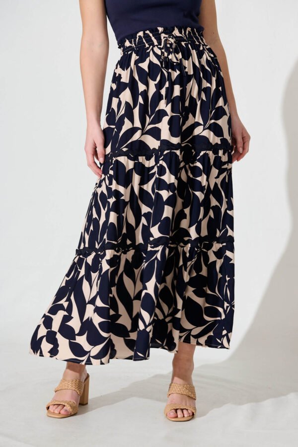 Maxi Skirt In Navy Leaf With Ric Rac Trim