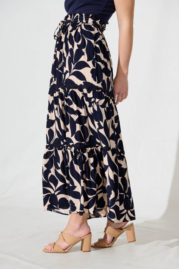 Maxi Skirt In Navy Leaf With Ric Rac Trim - Image 2