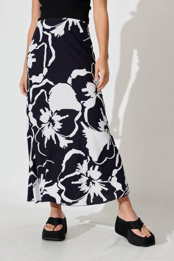 Midi Skirt In Ink With White Print Linen Blend