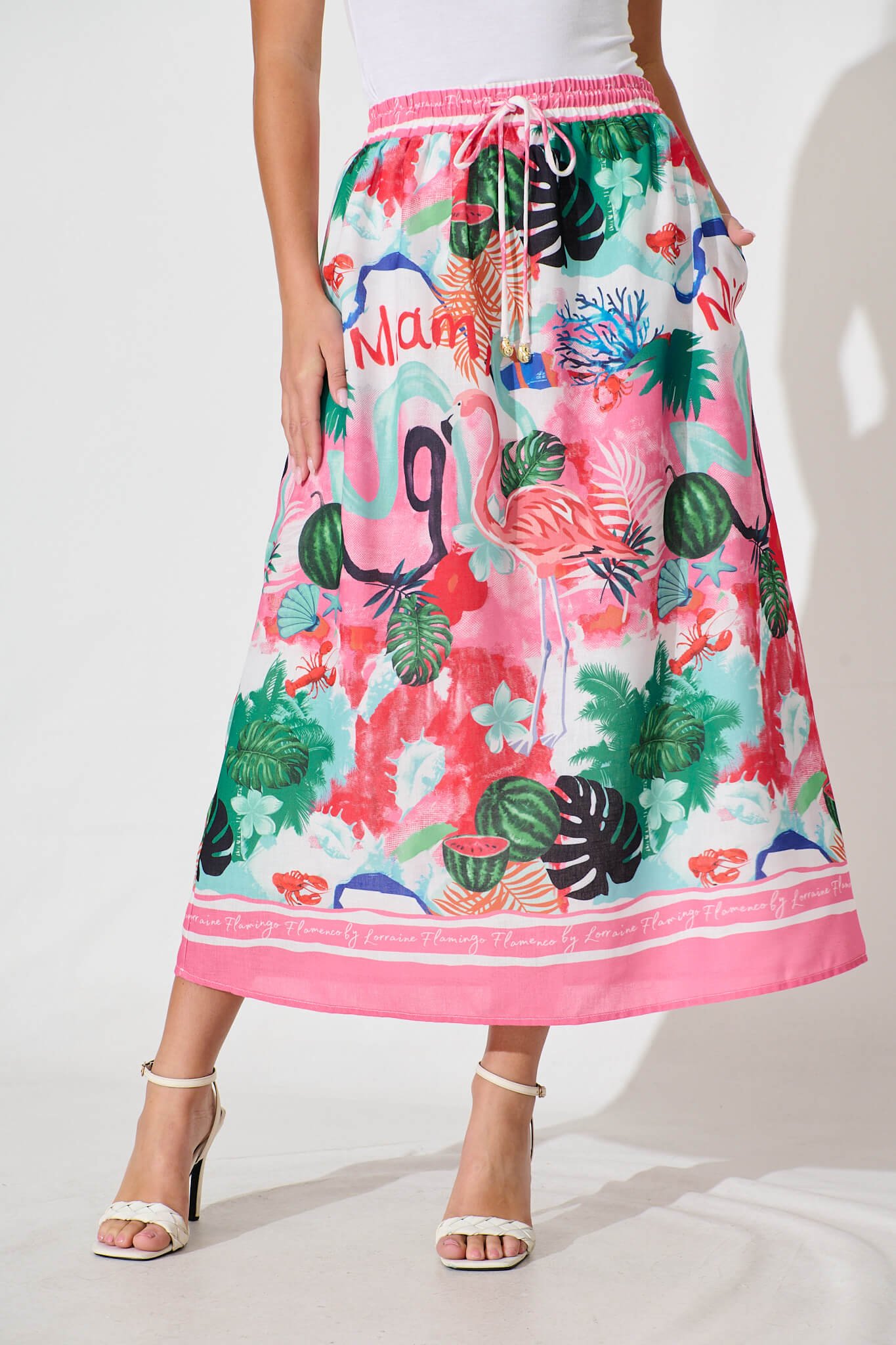Maxi Skirt In Pink Multi Tropical Linen Blend