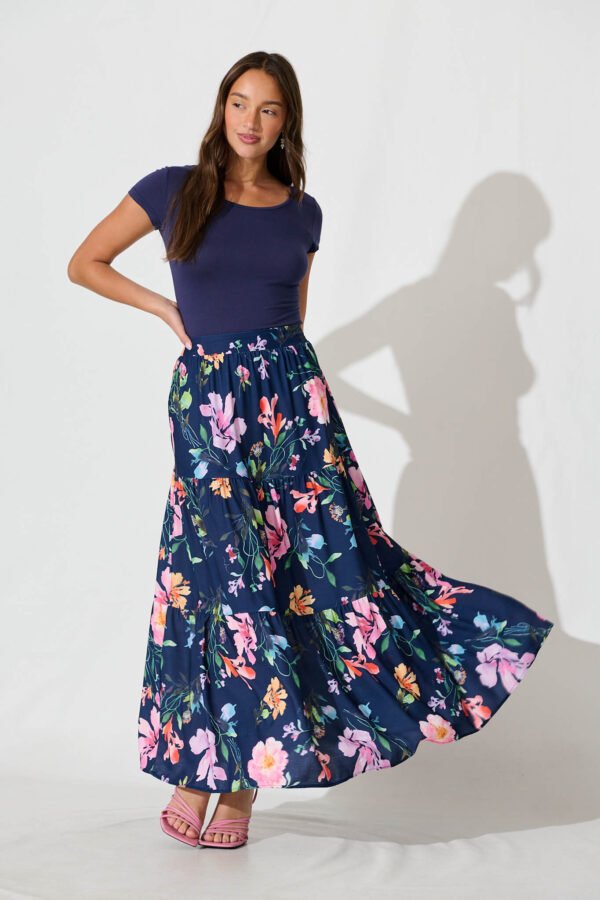 Maxi Skirt In Navy With Multi Floral Print - Image 4