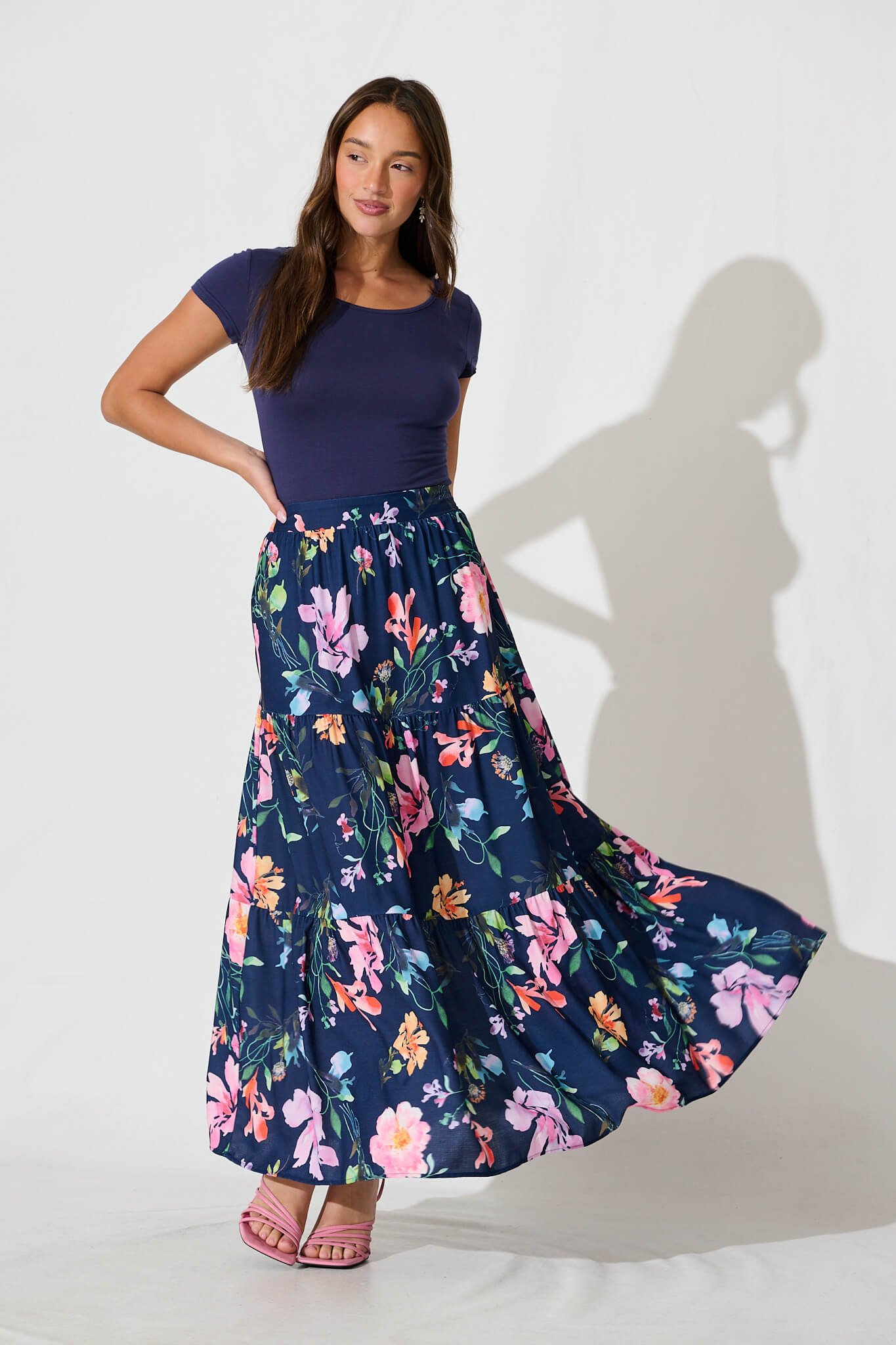 Maxi Skirt In Navy With Multi Floral Print - Image 4