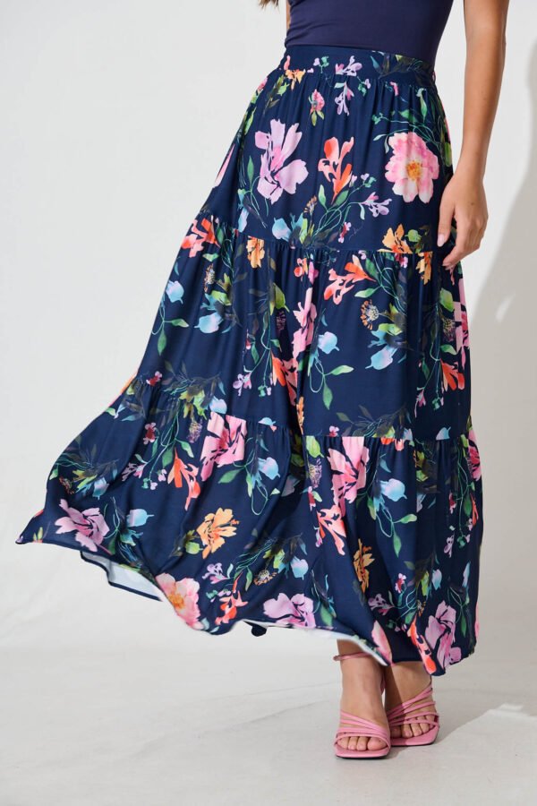Maxi Skirt In Navy With Multi Floral Print
