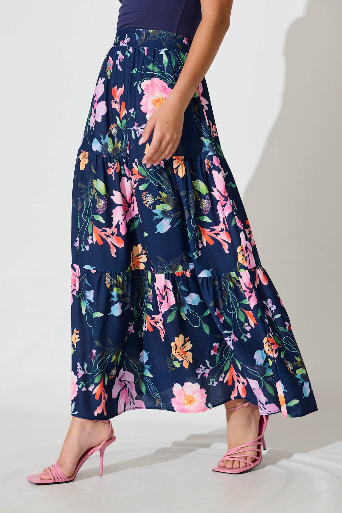 Maxi Skirt In Navy With Multi Floral Print - Image 2