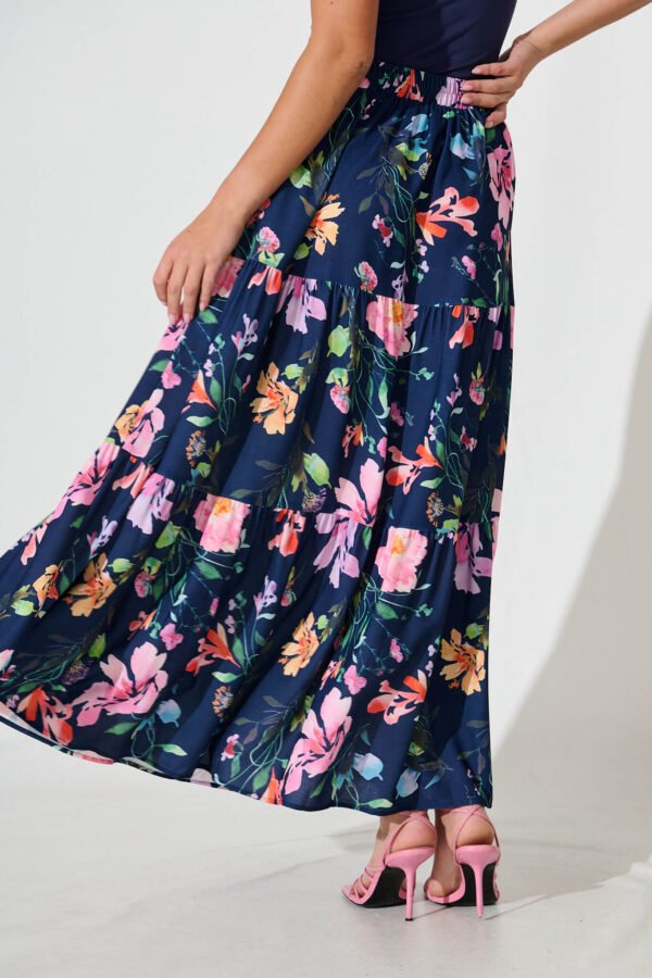 Maxi Skirt In Navy With Multi Floral Print - Image 3