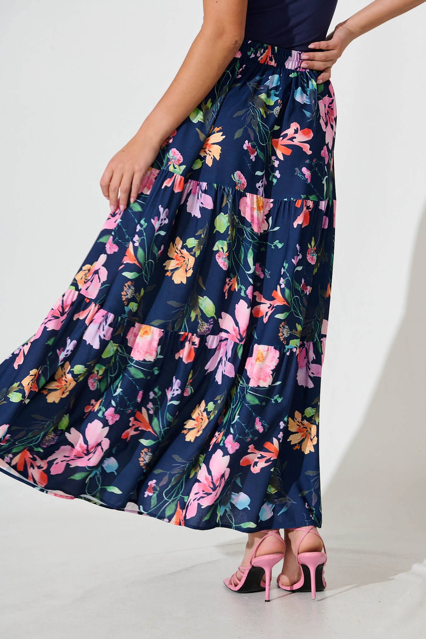 Maxi Skirt In Navy With Multi Floral Print - Image 3
