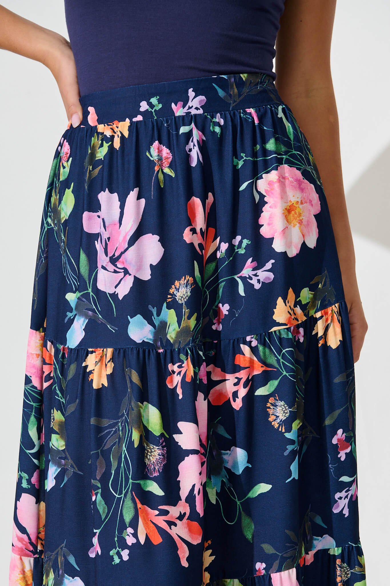 Maxi Skirt In Navy With Multi Floral Print - Image 5