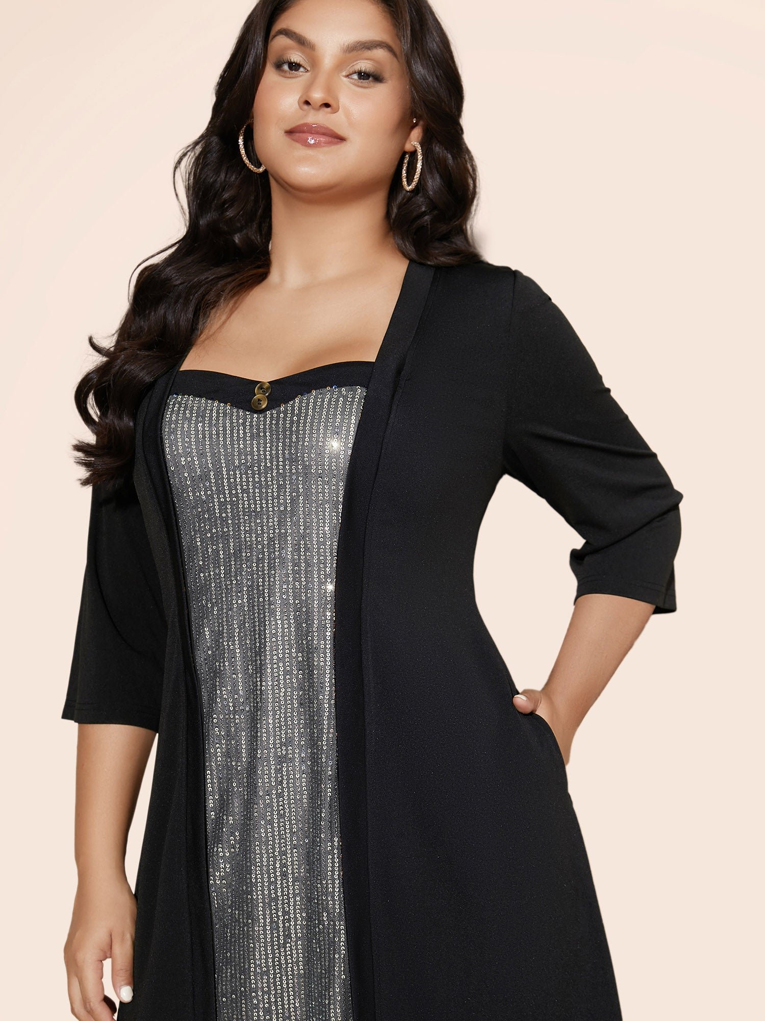 Heart Neckline Patchwork Sequin Button Detail Dress - Image 22